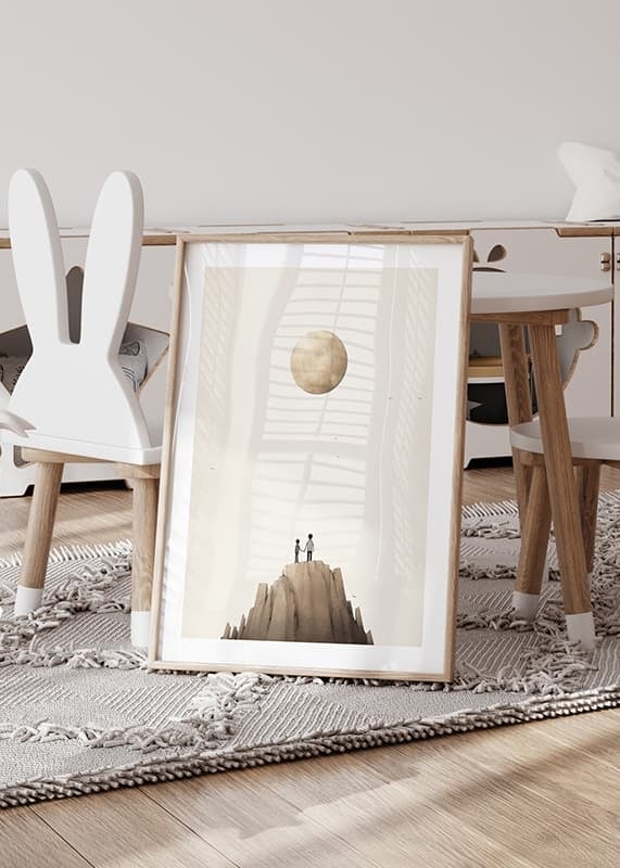 Illustration of two children on mountaintop against big beige moon-12
