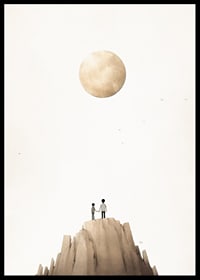 Illustration of two children on mountaintop against big beige moon-6