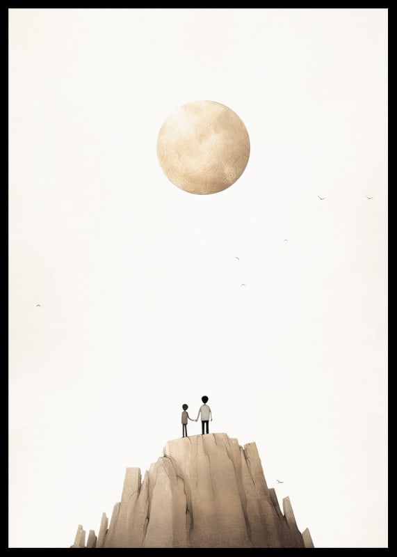 Illustration of two children on mountaintop against big beige moon-12