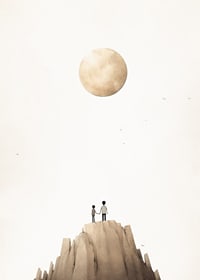 Illustration of two children on mountaintop against big beige moon-7