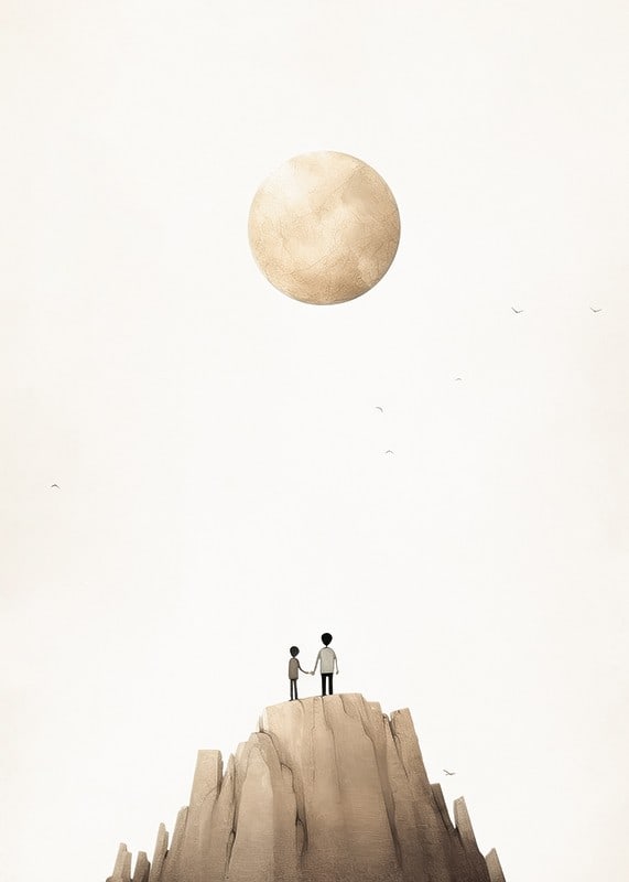 Illustration of two children on mountaintop against big beige moon-12