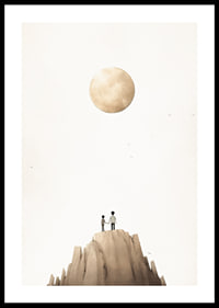 Illustration of two children on mountaintop against big beige moon-0