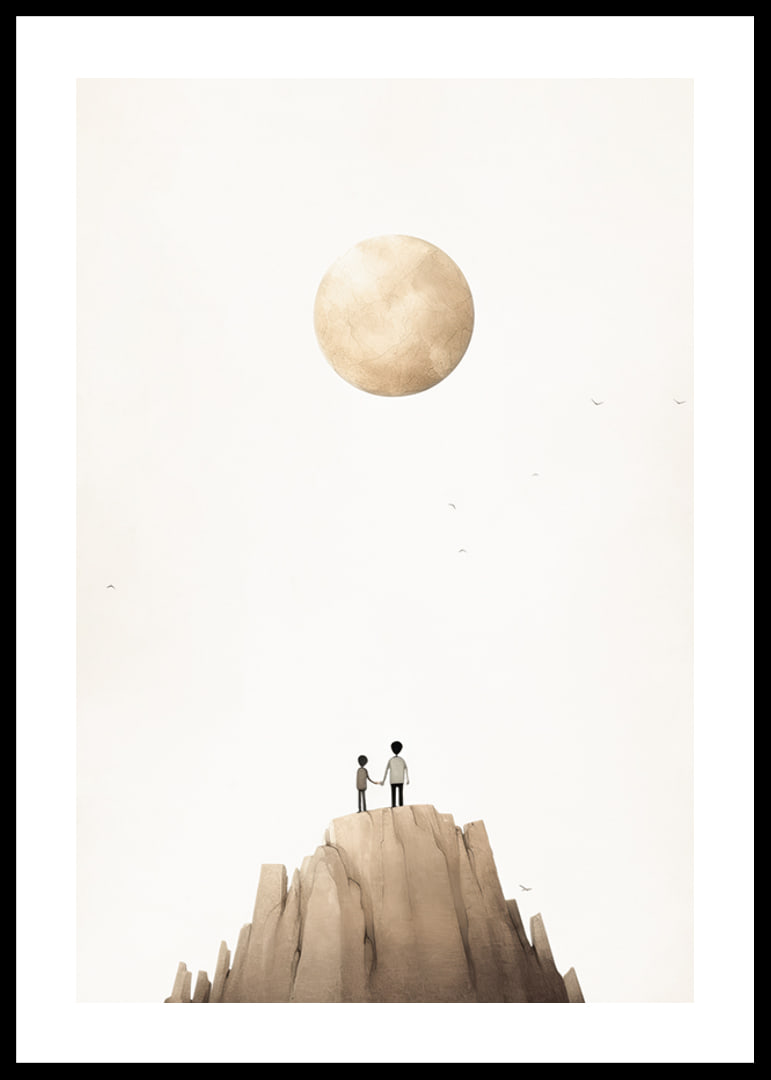 Illustration of two children on mountaintop against big beige moon-12