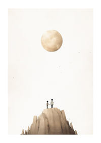 Illustration of two children on mountaintop against big beige moon-1