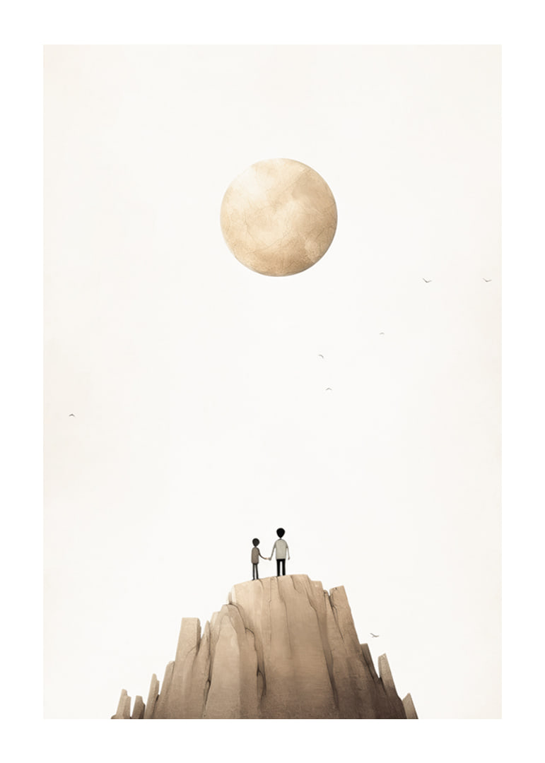 Illustration of two children on mountaintop against big beige moon-12