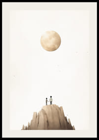 Ilustrație cu doi copii pe vârful muntelui pe fundalul unei luni mari și bej-2