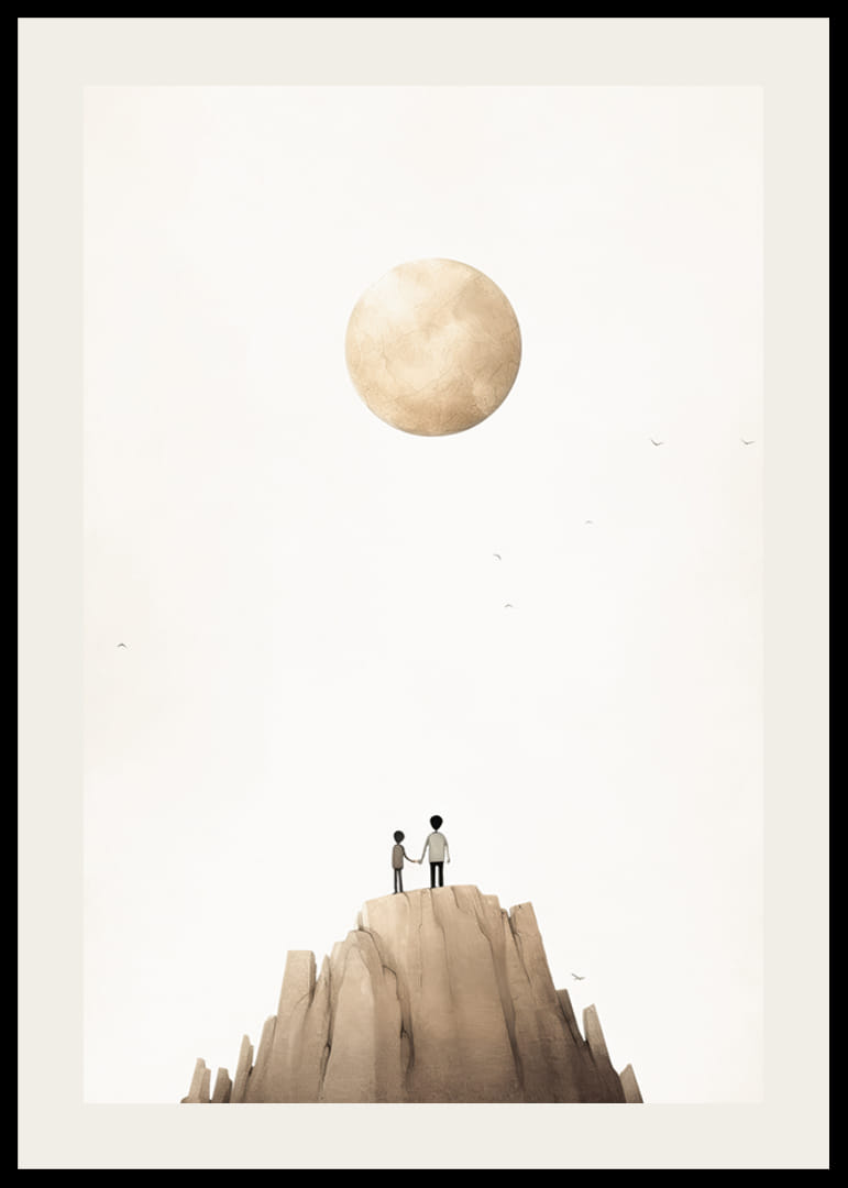 Ilustrație cu doi copii pe vârful muntelui pe fundalul unei luni mari și bej-12