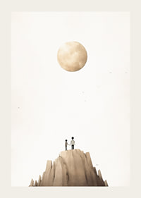 Illustration of two children on mountaintop against big beige moon-3