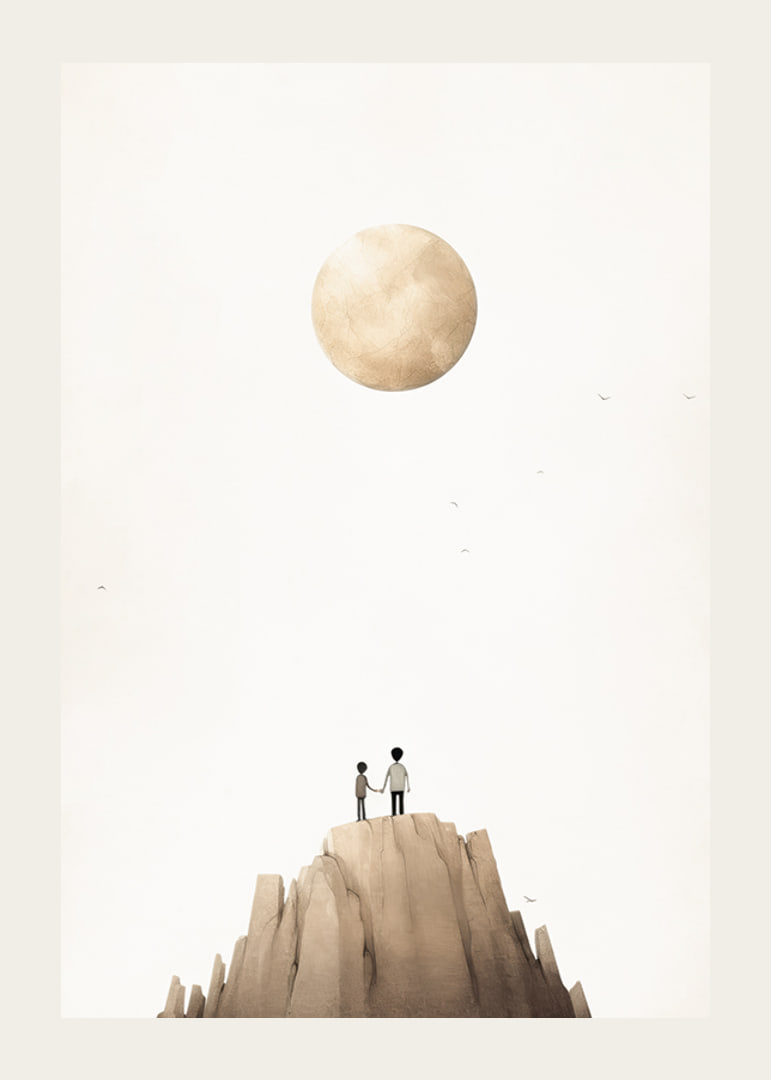 Illustration of two children on mountaintop against big beige moon-12