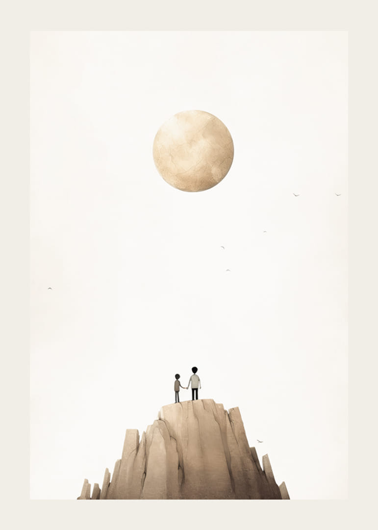 Ilustrație cu doi copii pe vârful muntelui pe fundalul unei luni mari și bej-12