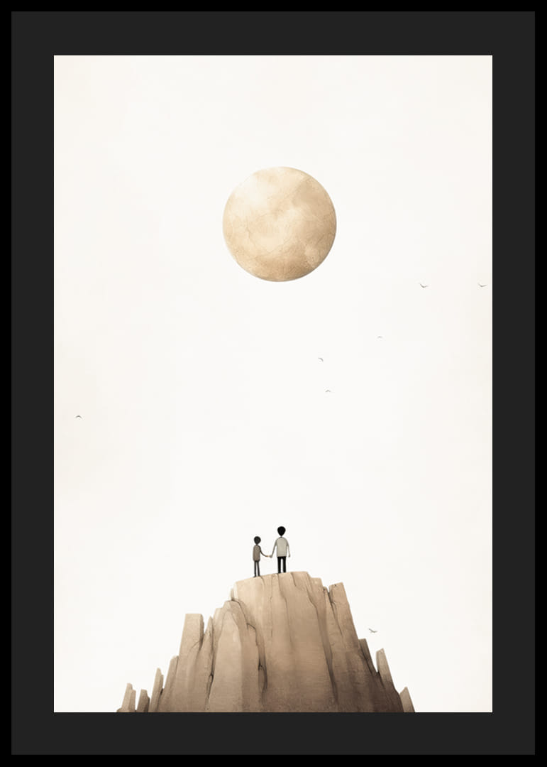 Ilustrație cu doi copii pe vârful muntelui pe fundalul unei luni mari și bej-12