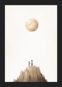 Ilustrație cu doi copii pe vârful muntelui pe fundalul unei luni mari și bej-5