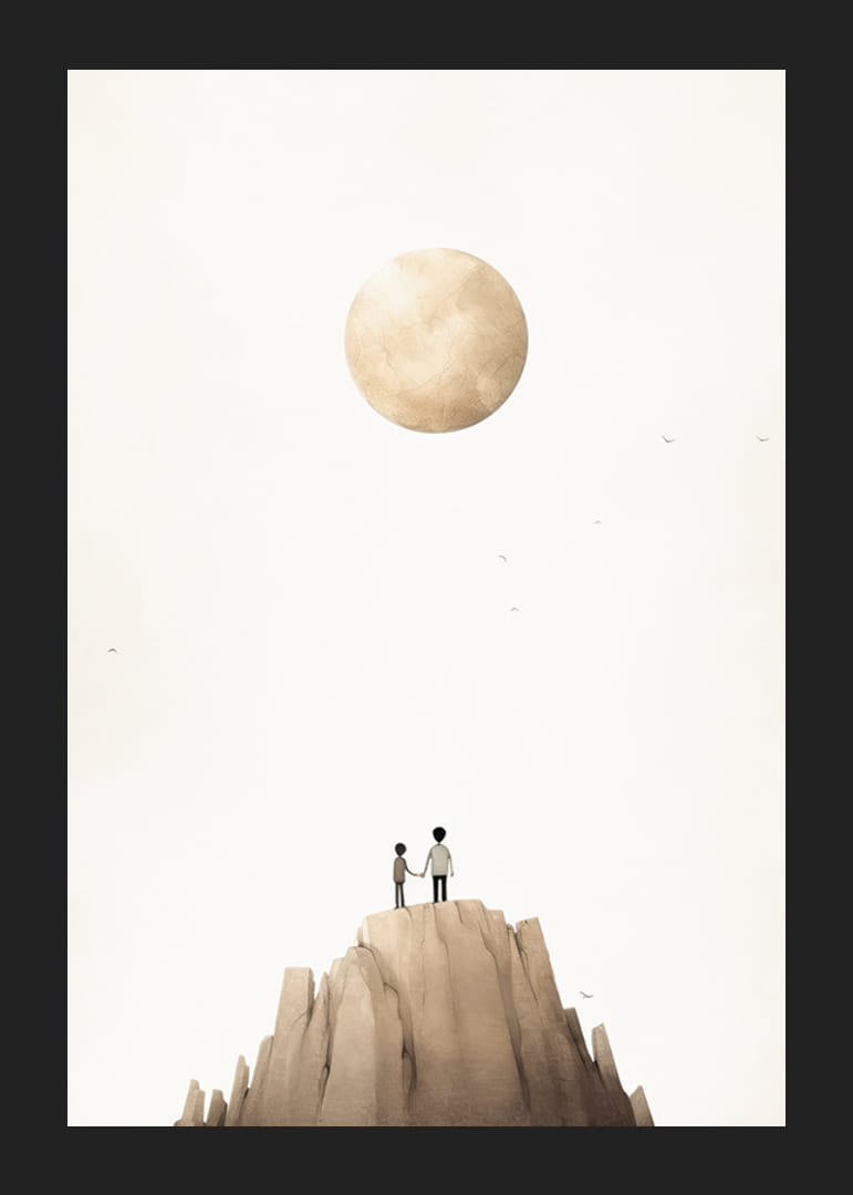 Ilustrație cu doi copii pe vârful muntelui pe fundalul unei luni mari și bej-12