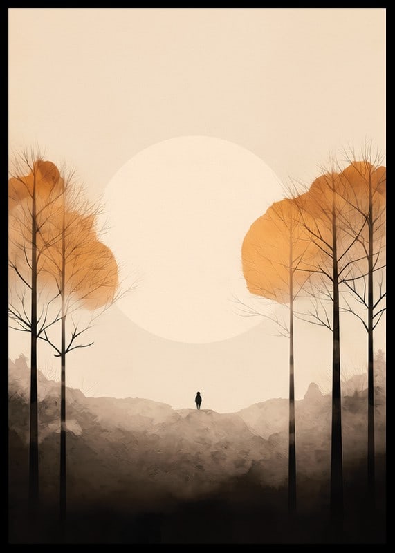Watercolor of autumn trees and silhouette against big bright sun-12