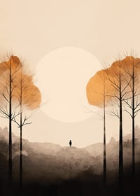 Watercolor of autumn trees and silhouette against big bright sun-7
