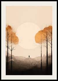 Watercolor of autumn trees and silhouette against big bright sun-2