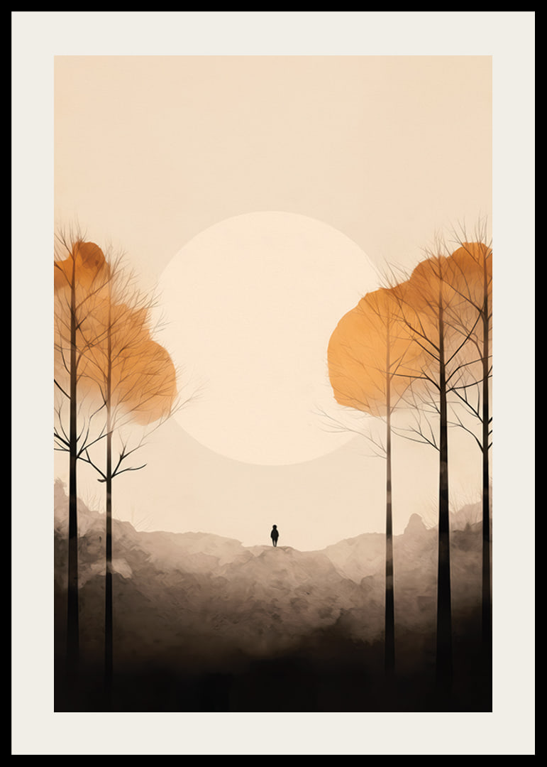Watercolor of autumn trees and silhouette against big bright sun-12