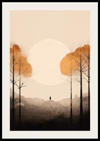 Akvarell av höstträd och silhuett mot stor ljus sol-2