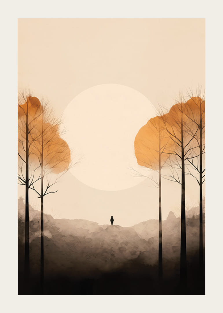 Akvarell av höstträd och silhuett mot stor ljus sol-12