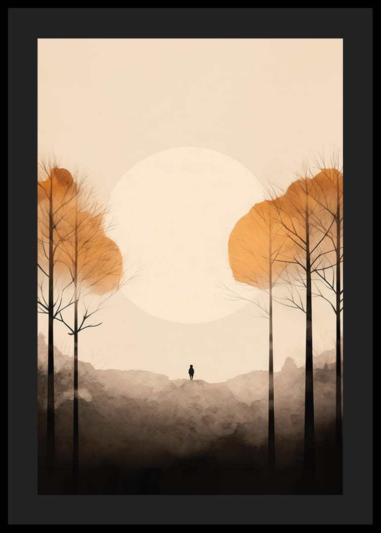 Akvarell av höstträd och silhuett mot stor ljus sol-12