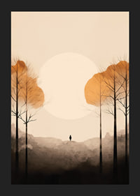 Watercolor of autumn trees and silhouette against big bright sun-5