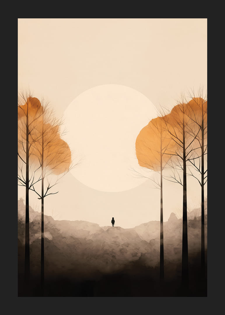 Akvarell av höstträd och silhuett mot stor ljus sol-12