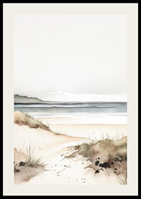 Watercolor of sand dunes by the sea in soft beige and blue tones-2