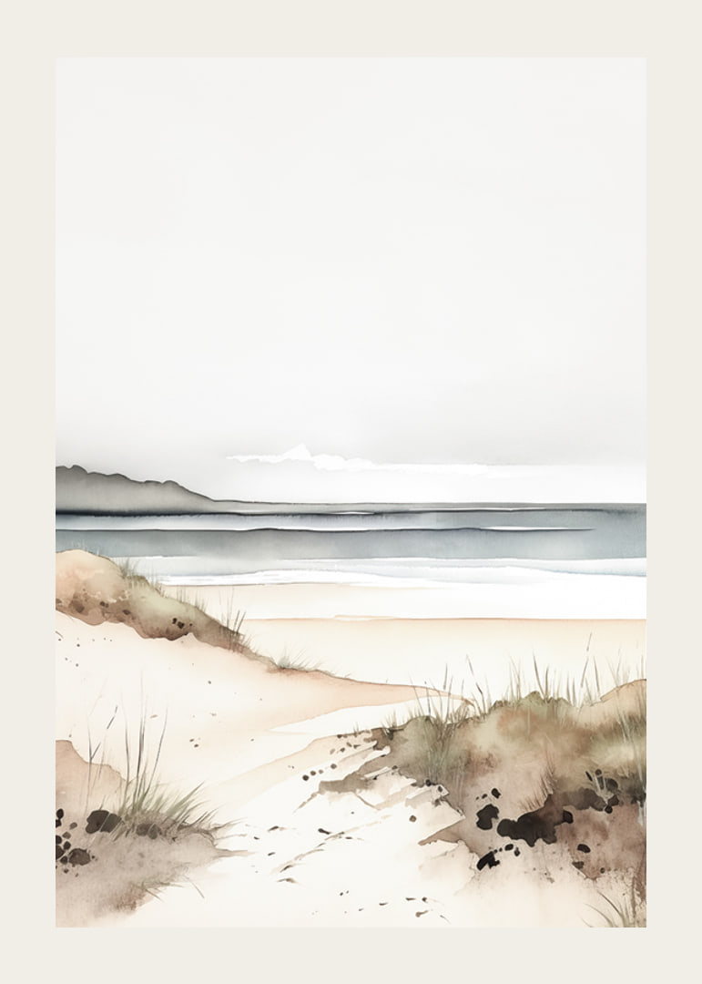 Watercolor of sand dunes by the sea in soft beige and blue tones-12