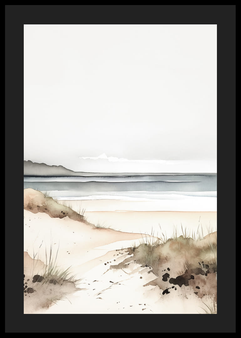 Acuarela de dunas de arena junto al mar en suaves tonos beige y azul.-12