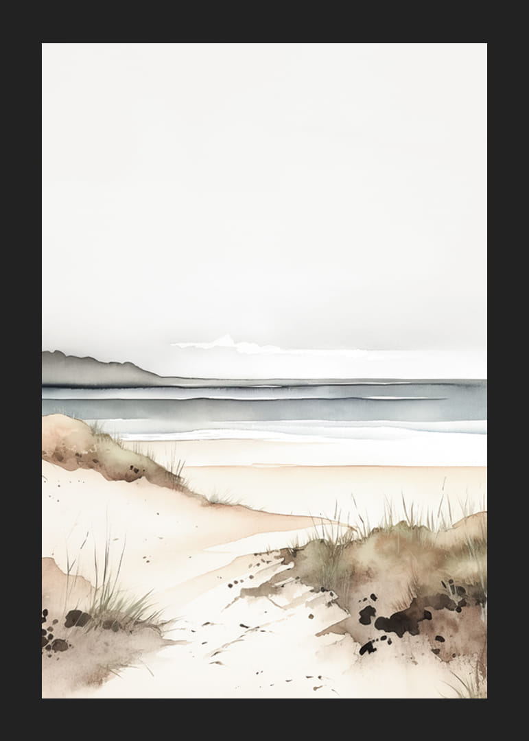 Acuarela de dunas de arena junto al mar en suaves tonos beige y azul.-12