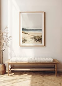 Watercolor of sand dunes by the sea in soft beige and blue tones-8