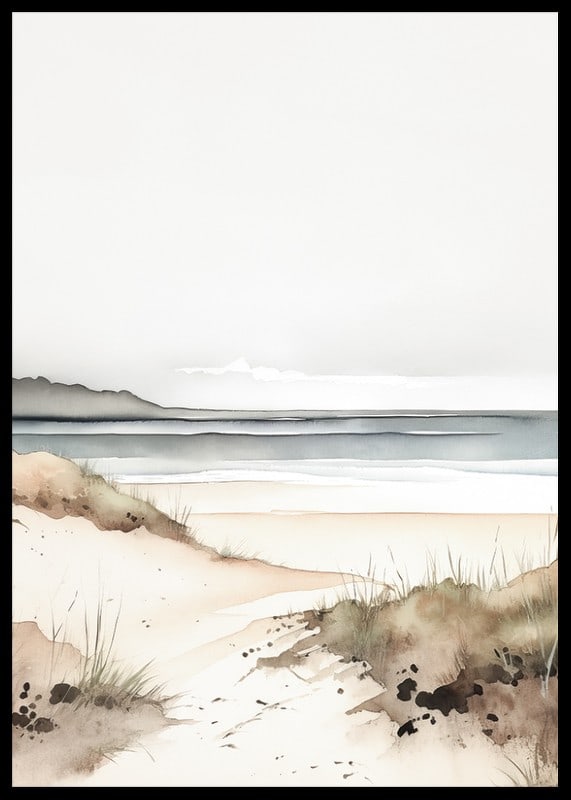 Watercolor of sand dunes by the sea in soft beige and blue tones-12