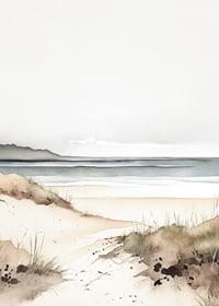 Watercolor of sand dunes by the sea in soft beige and blue tones-7