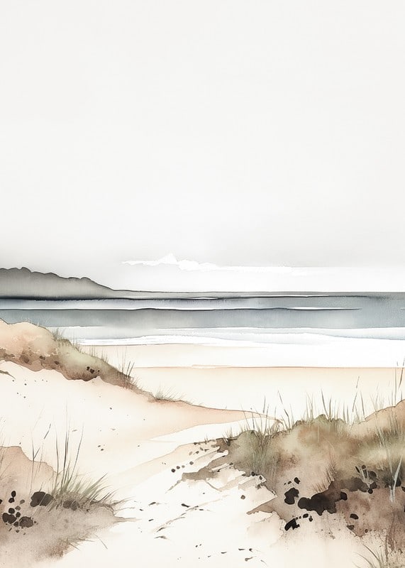 Watercolor of sand dunes by the sea in soft beige and blue tones-12