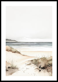 Watercolor of sand dunes by the sea in soft beige and blue tones-0