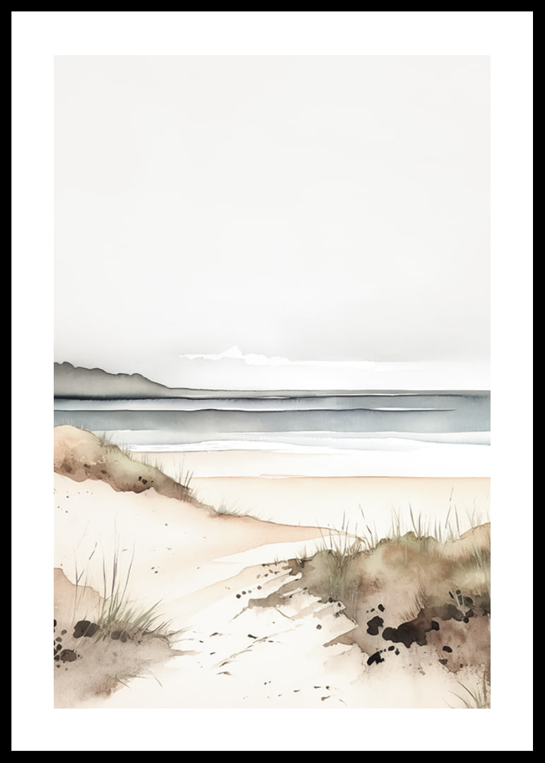 Watercolor of sand dunes by the sea in soft beige and blue tones-12