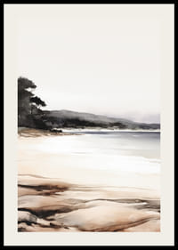Aquarel van een kalm strand met bomen en zachte aardtinten-2