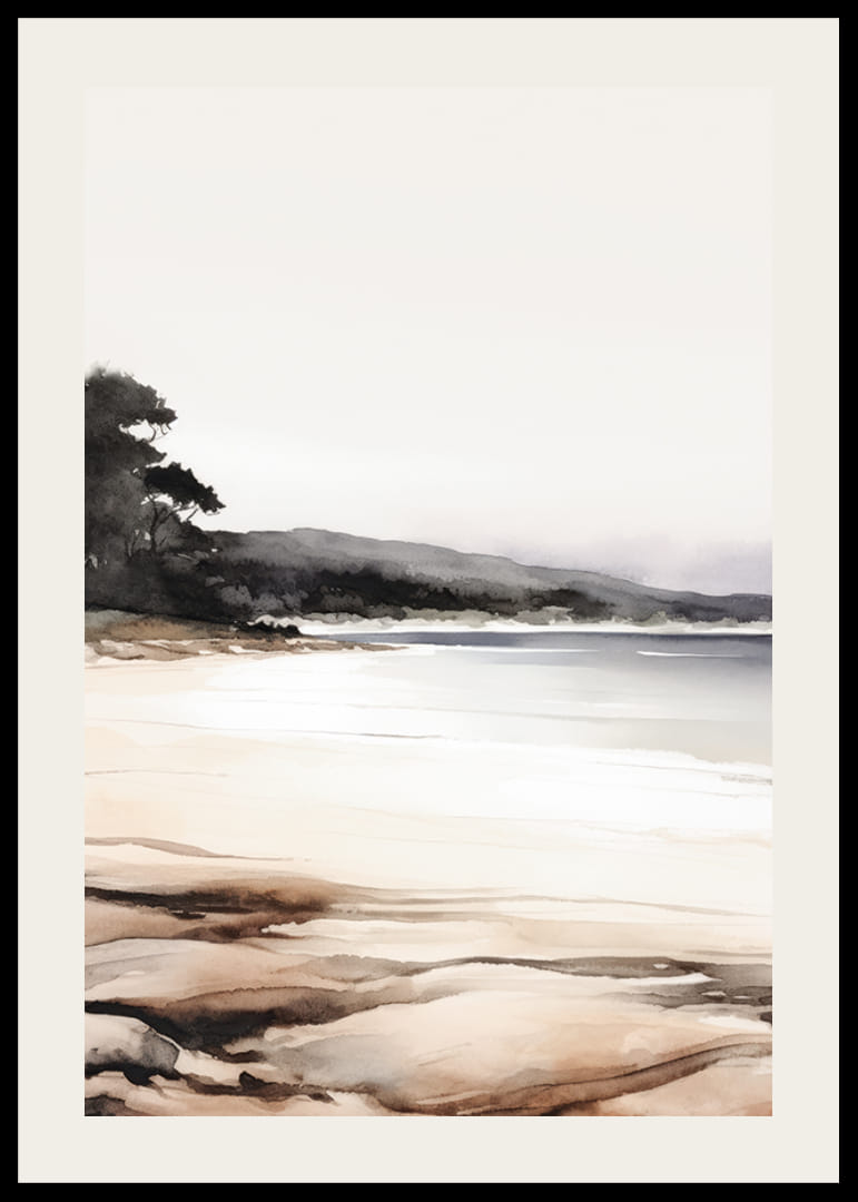 Aquarel van een kalm strand met bomen en zachte aardtinten-12