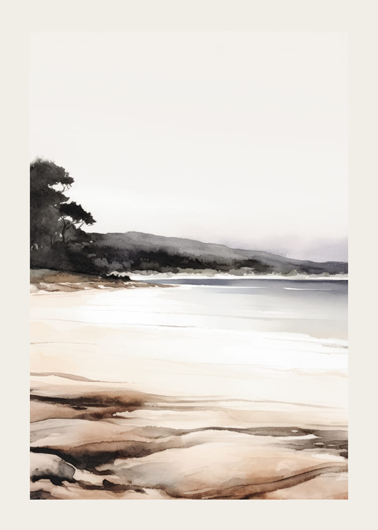 Aquarel van een kalm strand met bomen en zachte aardtinten-12