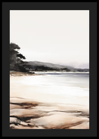 Aquarel van een kalm strand met bomen en zachte aardtinten-4