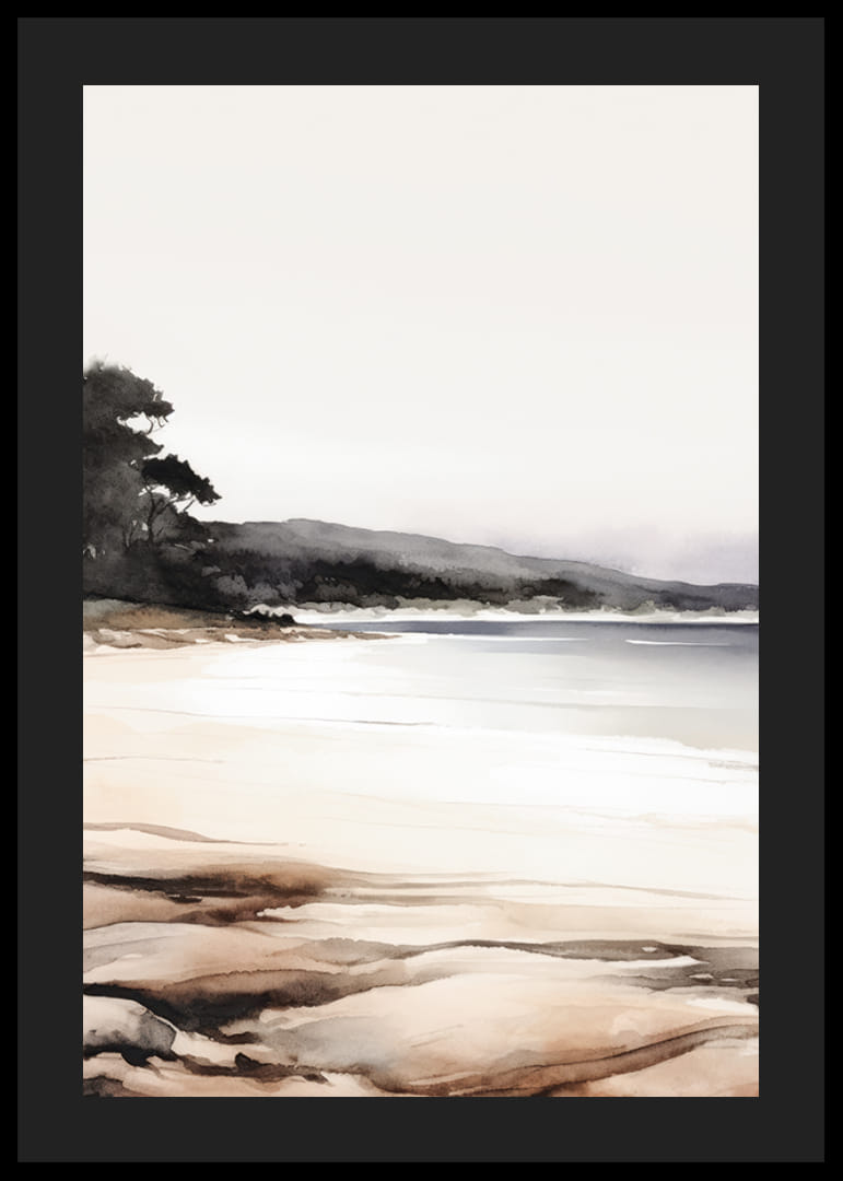 Aquarel van een kalm strand met bomen en zachte aardtinten-12