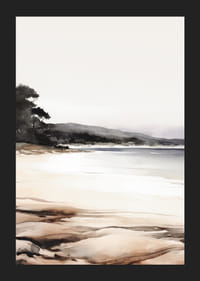 Aquarel van een kalm strand met bomen en zachte aardtinten-5