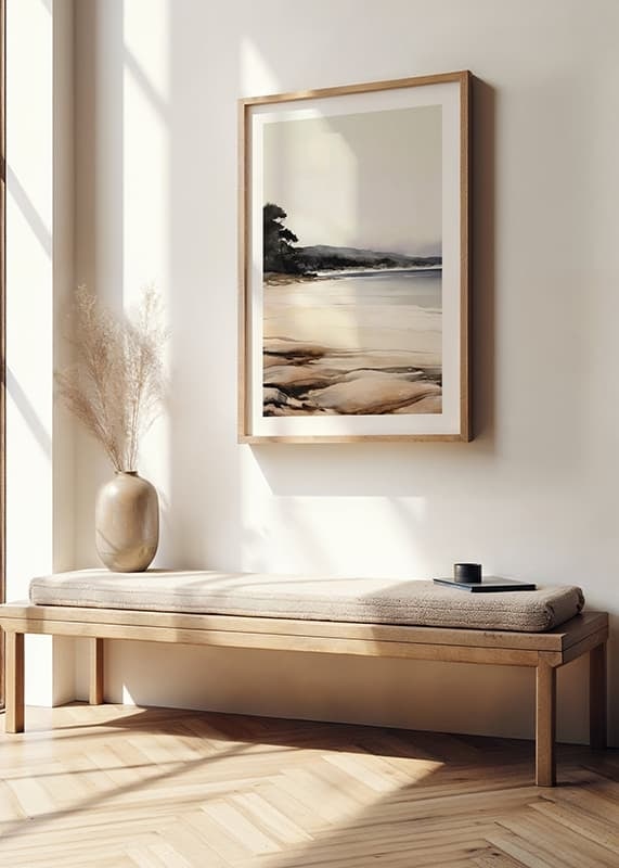 Watercolor of calm beach with trees and gentle earth tones-12