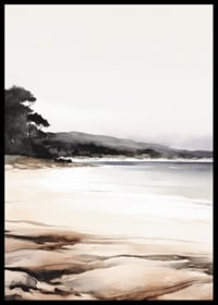 Watercolor of calm beach with trees and gentle earth tones-6