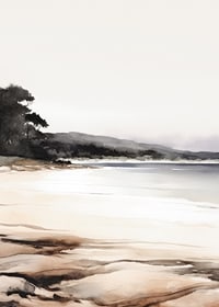 Watercolor of calm beach with trees and gentle earth tones-7