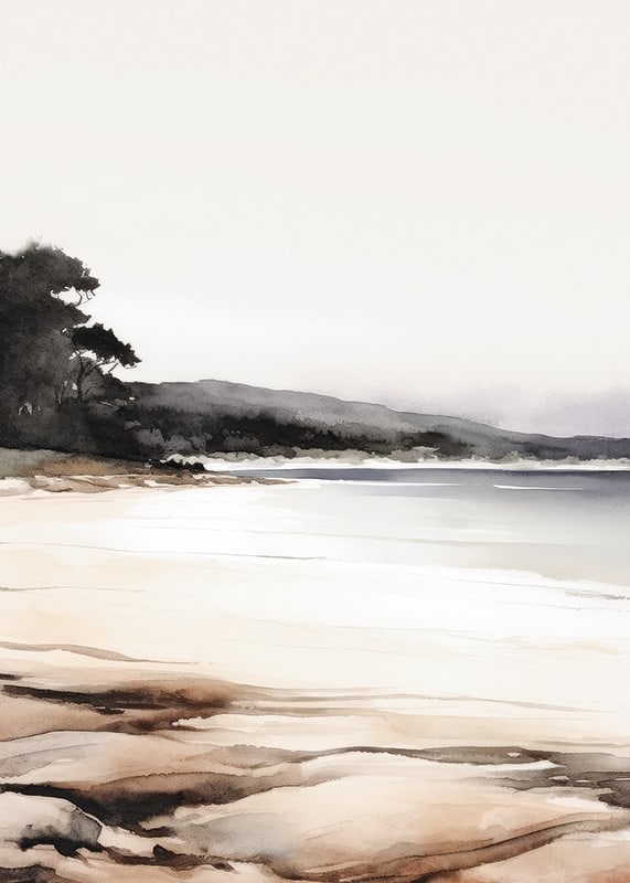 Watercolor of calm beach with trees and gentle earth tones-12