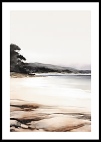 Watercolor of calm beach with trees and gentle earth tones-0