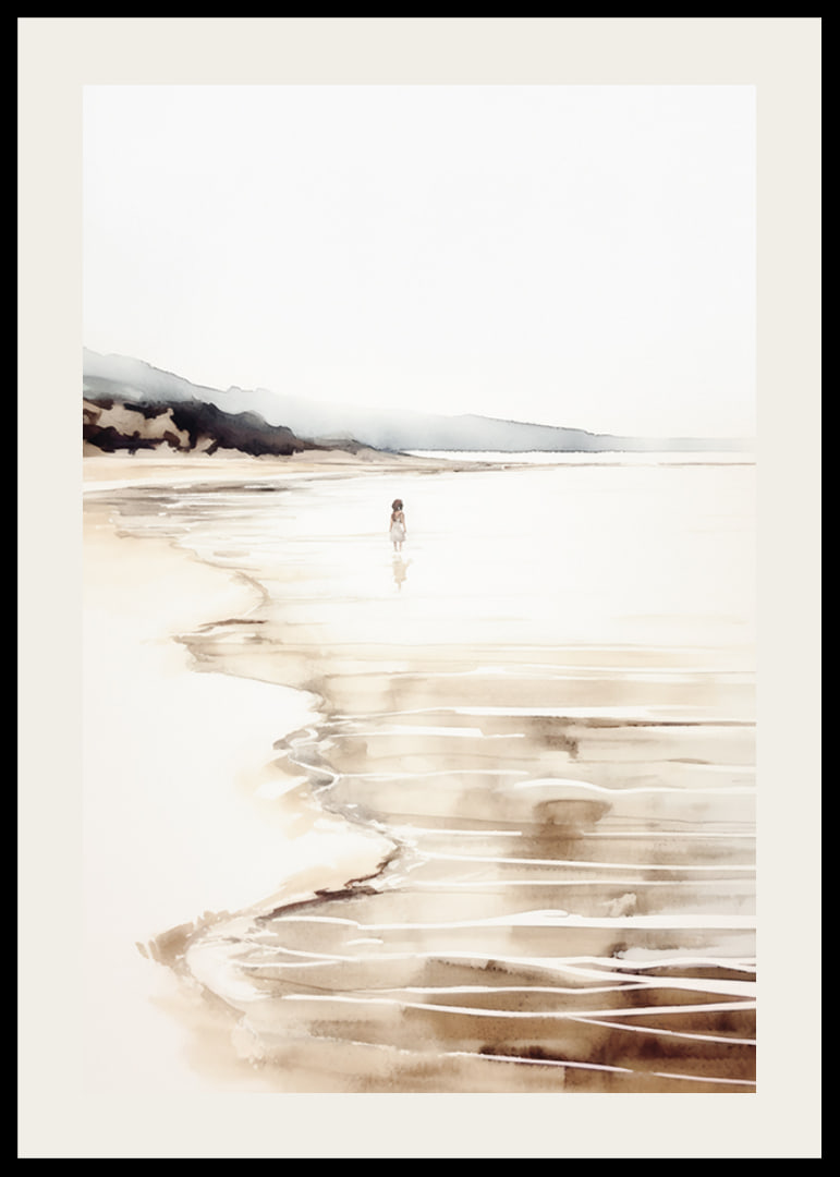Watercolor of beach with children by the water and rocks in the distance-12