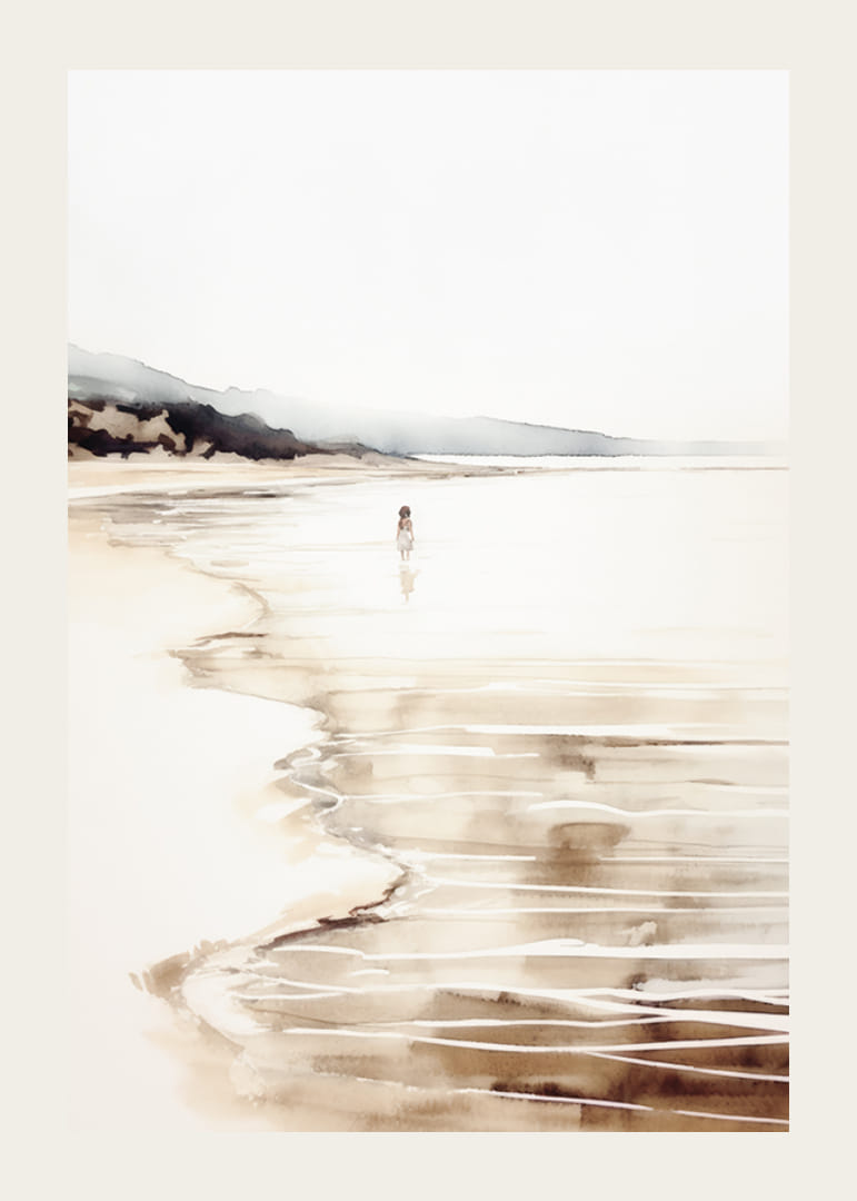 Acquerello di spiaggia con bambini in riva all'acqua e rocce in lontananza-12