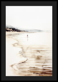 Acquerello di spiaggia con bambini in riva all'acqua e rocce in lontananza-4